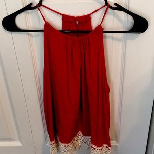 Red spaghetti strap tank top w/ cream lace